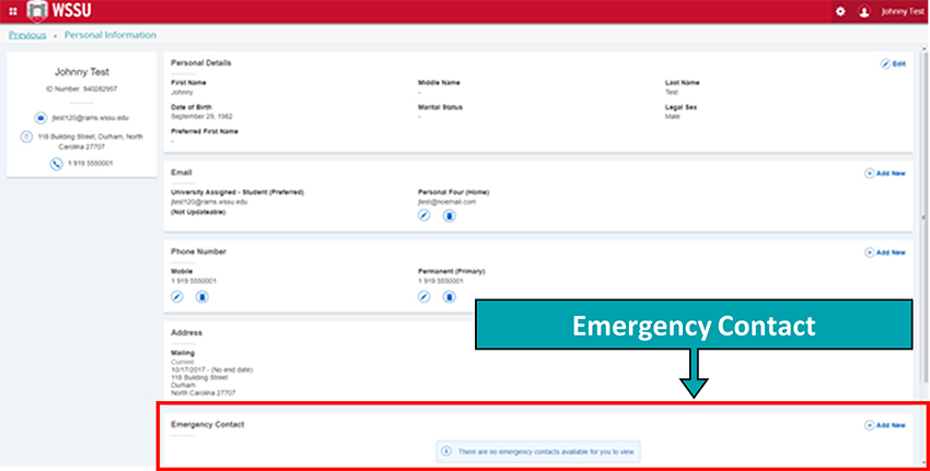 Emergency Contact tile in Personal Information, Banner.