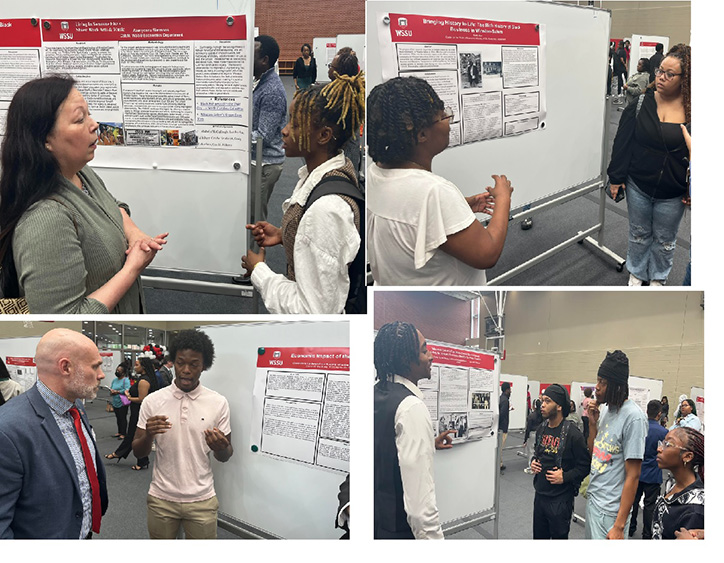 Scholarship Day pictures of Students standing near their posters and talking with event visitors.