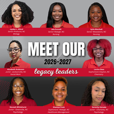 Image of student legacy leader profile images. Text of the picture says "Meet Our 2026 - 2027 Legacy Leaders: Jayden Alford, Jala Scovell, Kylia Marshall, Alizabeth Anderson, Levion Bass, Neveah Whitehurst, Shamya Cook, Serenity Estrada".