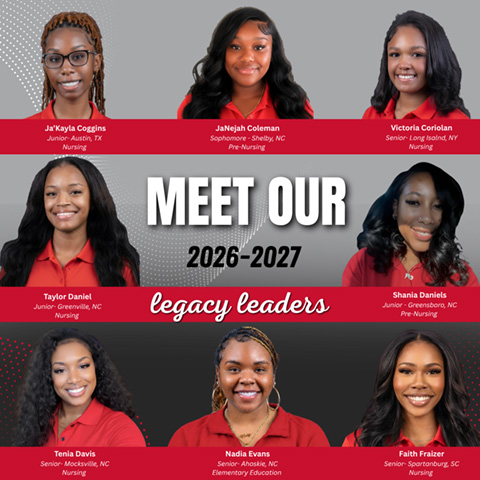 Image of student legacy leader profile images. Text of the picture says "Meet Our 2026 - 2027 Legacy Leaders: Ja'Kayla Coggins, JaNejah Coleman, Victoria Coriolan, Taylor Daniel, Shania Daniels, Tenia Davis, Nadia Evans, Faith Fraizer".
