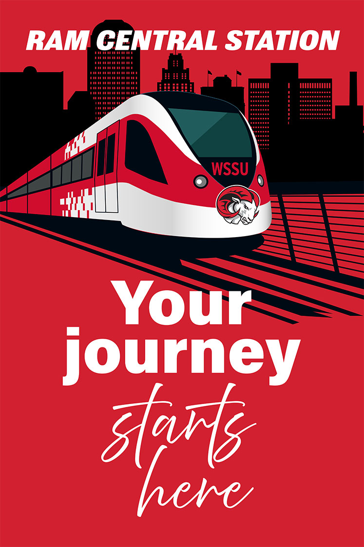 Stylized metro train with Ram Central Station title